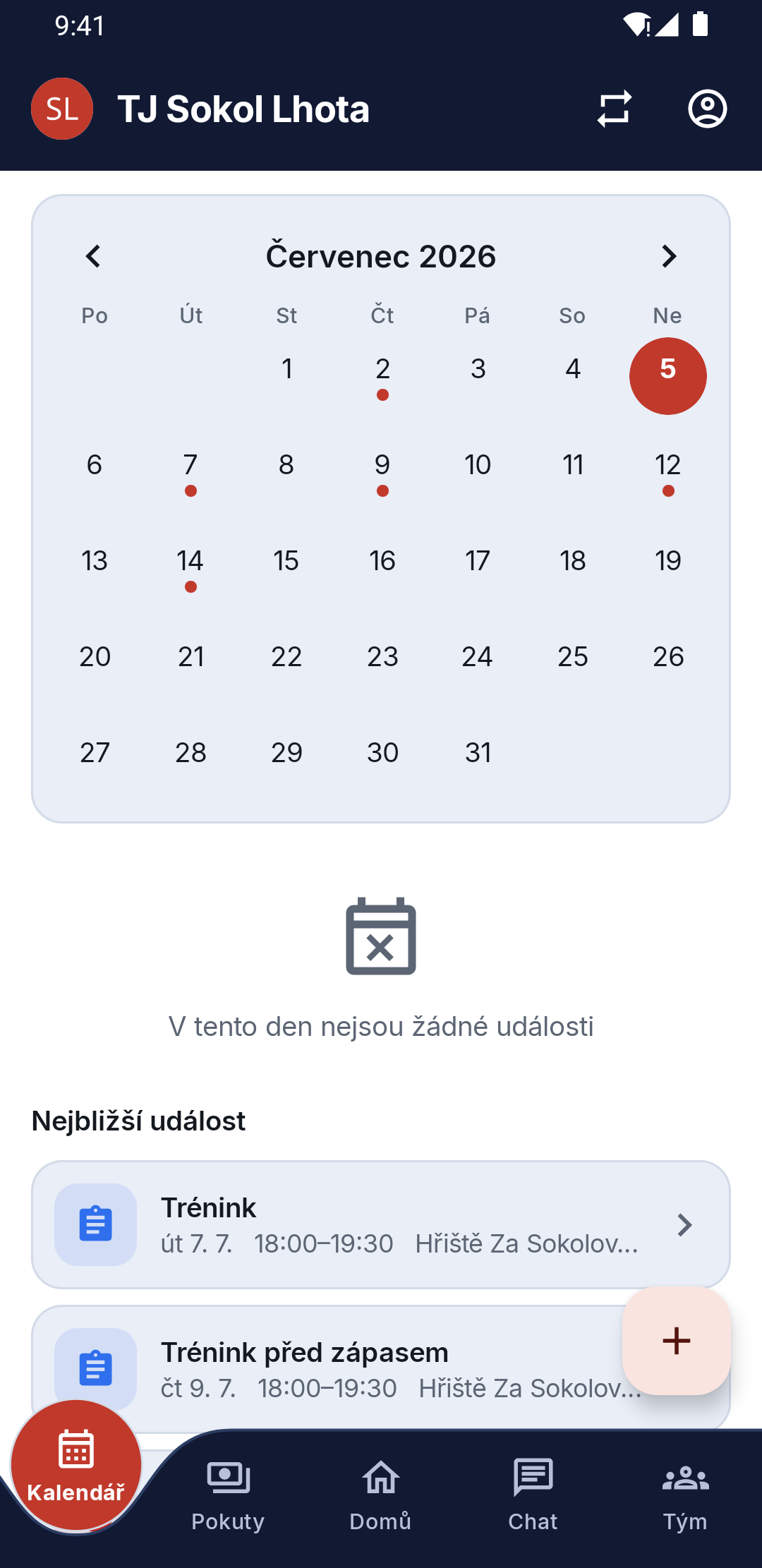 Kalendář s tréninky a zápasy